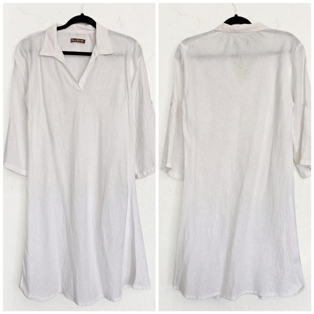 Island Importer Linen White Collared Dress, L